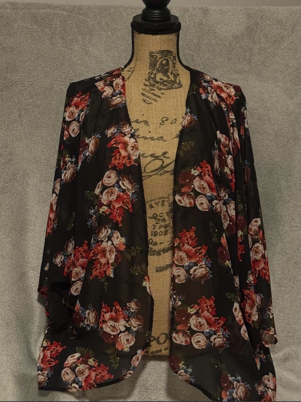 Maurices Black Sheer Floral Open-Front Kimono Jacket